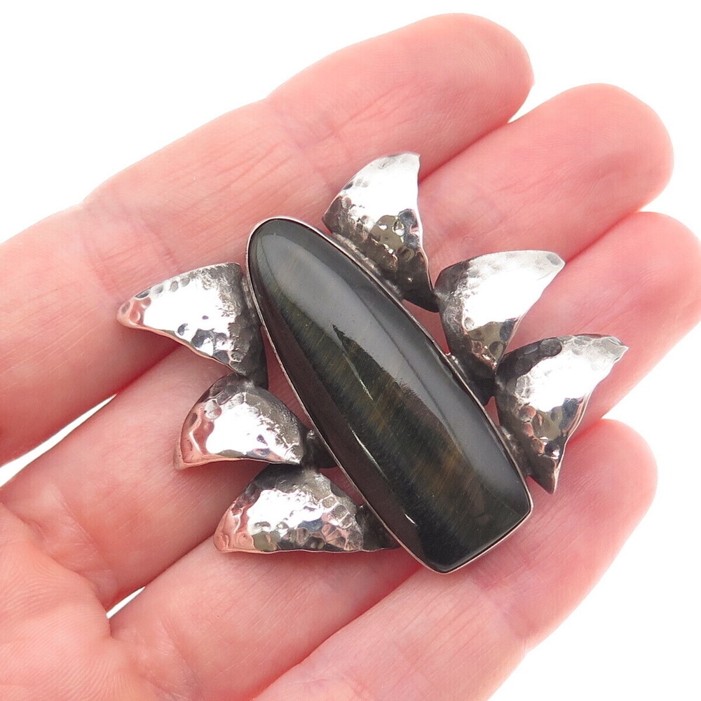 925 Sterling Silver Vintage Real Black Tiger Eye Modernist Hammered Pin Brooch
